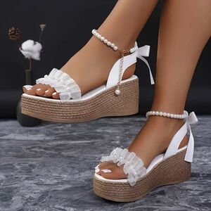 SHEIN White and Tan Wedge Sandals